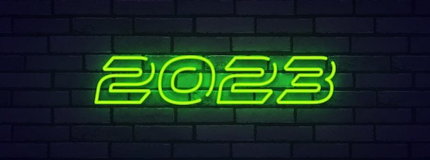 Gelukkig Nieuwjaar 2023 Neon Signs Logo embleem banner en label heldere uithangbord lichte banner Vector illustratie