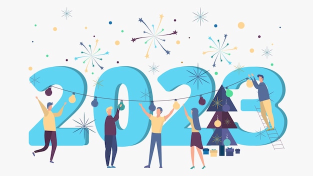 Vector gelukkig nieuwjaar 2023 nieuw jaar met nieuwe ontdekkingen en prestaties