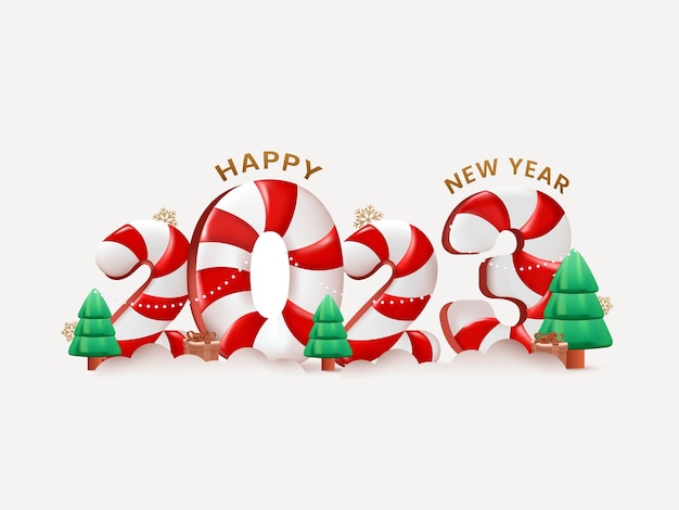 Gelukkig nieuwjaar 2023 Nieuwjaarsviering met 3D-realistische vectorillustratie van snoep tekst pijnboom en geschenkdoos