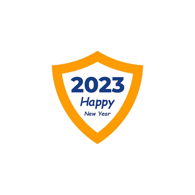Gelukkig Nieuwjaar 2023 tekst met Shield ontwerpconcept Cover van zakelijke dagboek voor 2023 met wensen Brochure ontwerp sjabloon kaart banner vectorillustratie geïsoleerd op witte achtergrond