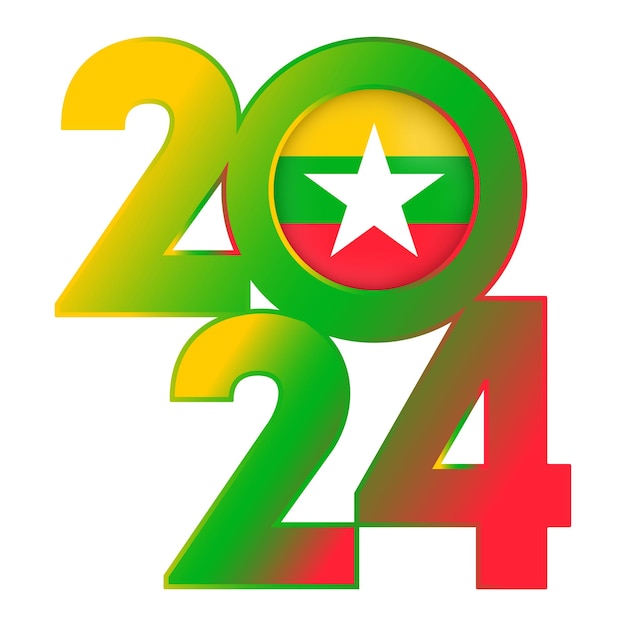 Gelukkig Nieuwjaar 2024 banner met Myanmar vlag binnen vectorillustratie