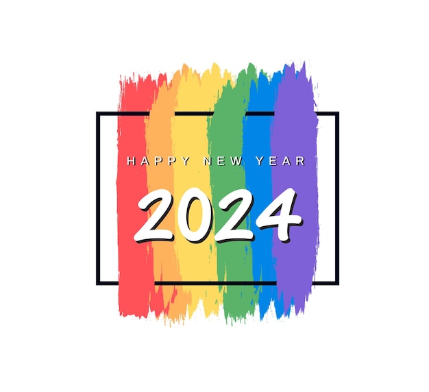 Gelukkig Nieuwjaar 2024 LGBTQ regenboogvlag Lesbische homoseksuele biseksuele transgender concept Vector illustratie