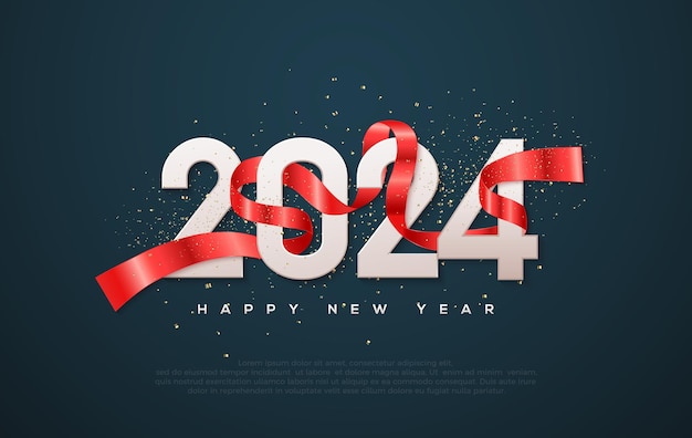 Gelukkig nieuwjaar 2024 met witte cijfers gewikkeld rond rode linten Heldere rode achtergrond Elegant premium vectorontwerp voor groeten en viering van gelukkig nieuwjaar 2024