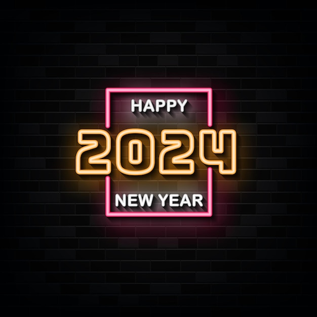 Gelukkig nieuwjaar 2024 neonreclames vector ontwerpsjabloon neon stijl