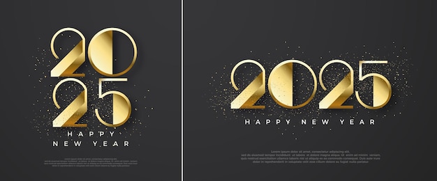 Gelukkig Nieuwjaar 2025 Design Met glanzende luxe gouden cijfers zwarte achtergrond Vector Premium voor groeten feesten en het verwelkomen van het nieuwe jaar 2025