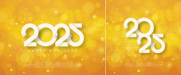 Vector gelukkig nieuwjaar 2025 met unieke witte cijfers op een bokeh blur achtergrond premium vectorontwerp voor begroeting en viering van gelukkig nieuwjaar 2025