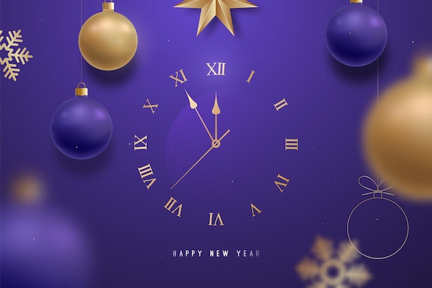Gelukkig Nieuwjaar achtergrond met gouden klok Opknoping kerstballen