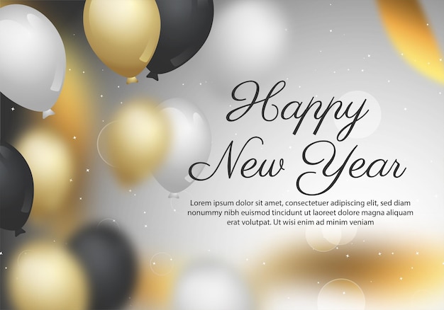 Gelukkig Nieuwjaar banner met ballonnen ster deeltjes gouden lint