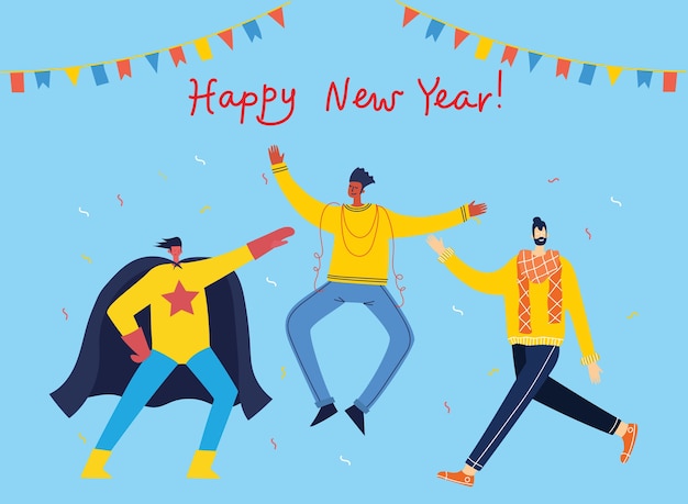 Gelukkig nieuwjaar. cartoon illustratie van Happy groep mensen Nieuwjaar vieren, springen op het feest. Het concept van vriendschap, gezonde levensstijl, succes, vieren, feest.