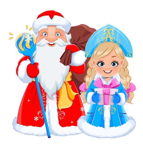 Gelukkig nieuwjaar en vrolijk kerstfeest Russische vader Frost Santa Claus en Snegurochka Snow Maiden