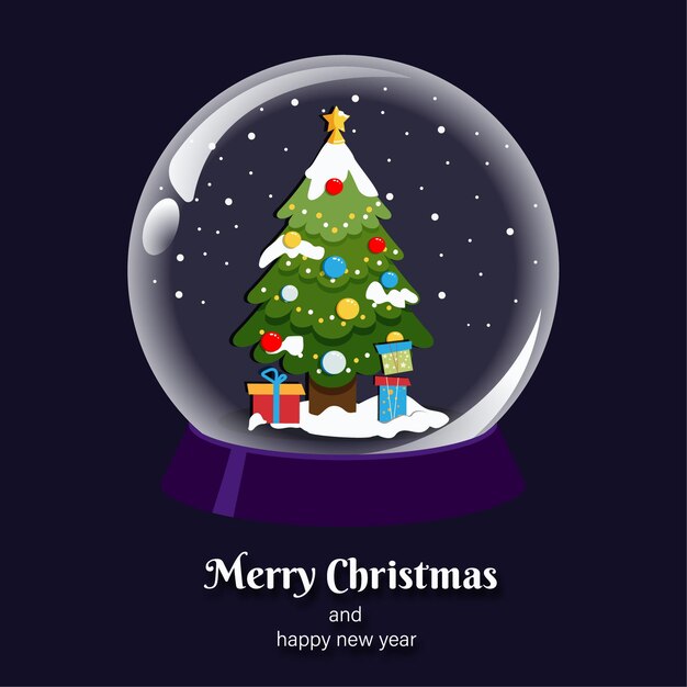 Gelukkig nieuwjaar en vrolijk kerstfeest Vectorillustratie met sneeuwbolgeschenken en kerstboom