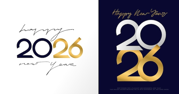Gelukkig Nieuwjaar gouden en witte tekst ontwerp set Template nummers luxe 2026 plat Nieuwjaar