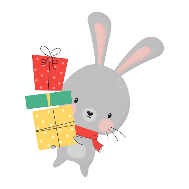 Gelukkig nieuwjaar grappig schattig konijntje houdt geschenken vast. Chinees symbool 2023 nieuwjaar. Dierlijk konijn karakter