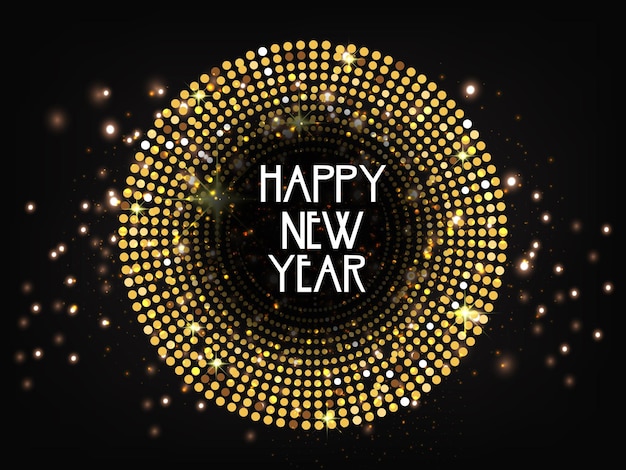 Gelukkig Nieuwjaar kaartsjabloon met gouden bal met linten en confetti op zwarte achtergrond