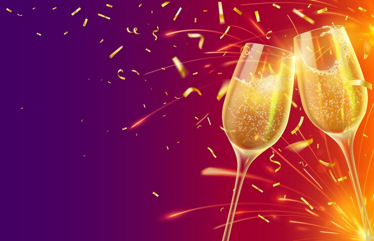 Vector gelukkig nieuwjaar met champagneglazen. feestelijke kerstbanner met twee wijnglazen met mousserende wijn en glanzend gouden confetti vectorconcept. illustratie champagne viering, kerst wijn toast