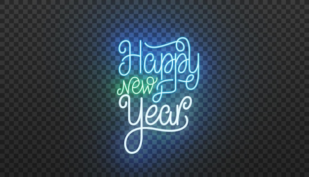 Gelukkig Nieuwjaar neon belettering. Heldere neon vectorillustratie voor Nieuwjaar 2021 viering.