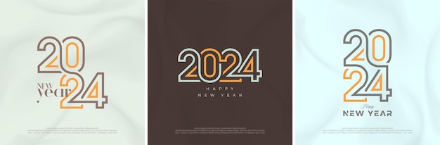 Gelukkig nieuwjaar nummer 2024 Met een kleurrijk lijnkunstconcept Modern uniek ontwerp Premium vectorontwerp voor de bannerposter van de groetviering en nieuwjaar 2024