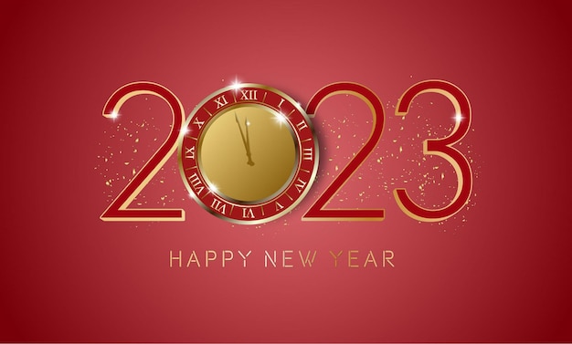 Gelukkig nieuwjaar rode achtergrond met klokillustratie op nummers 2023