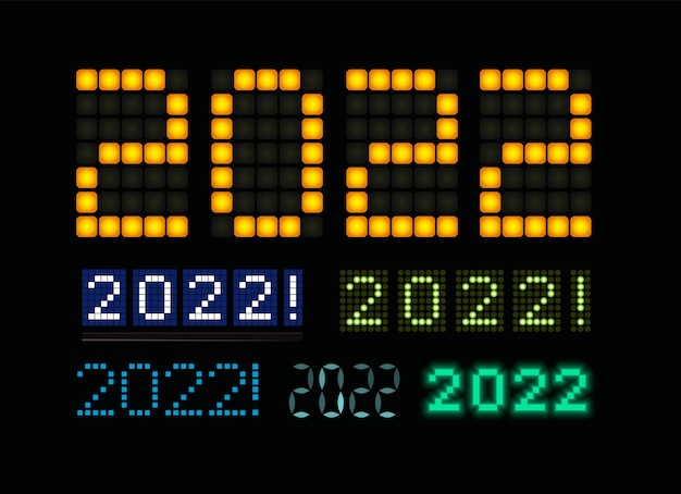 Gelukkig nieuwjaar tekst led licht ontwerp set gloeiende cijfers op digitaal scherm elektrisch display