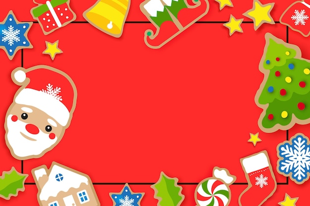 Gelukkig Nieuwjaar wenskaart. Christmas Santa, boom, bel, cadeau, herten, sneeuwvlokken, lolly, hulst. Kerst peperkoek papier gesneden stijl. Kerstvakantie
