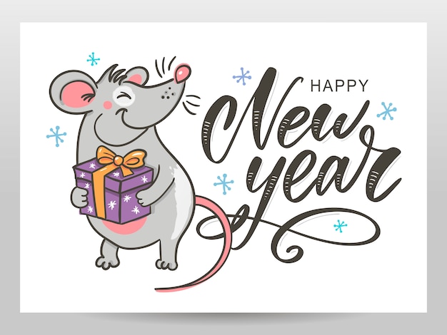 Gelukkig Nieuwjaar wenskaart met rat of muis karakter