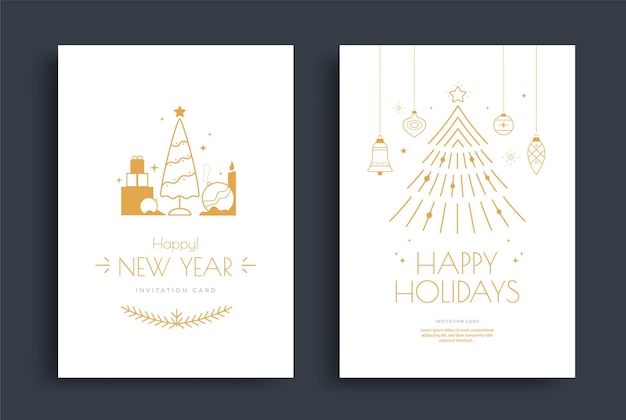 Gelukkig Nieuwjaar wenskaart ontwerp met gestileerde kerstboom en decoratie Merry Christmas