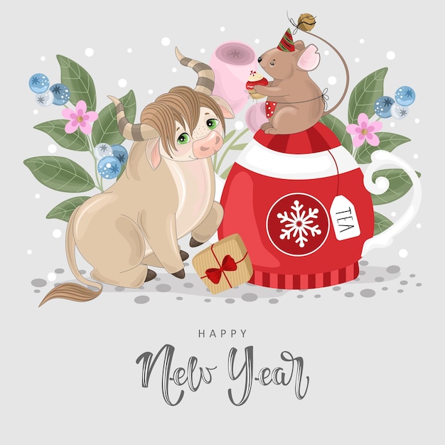 Gelukkig nieuwjaarsgroeten met een feestelijke Bull takjes en snoepjes