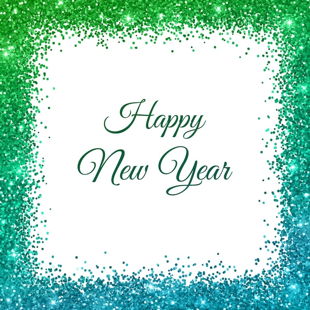 Gelukkig nieuwjaarskaart, groen blauw glitter frame op witte achtergrond. vector illustratie