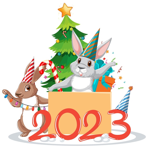 Vector gelukkig nieuwjaarstekst met schattig konijn voor bannerontwerp