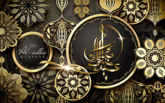 gelukkig offerfeest in Arabische kalligrafie met prachtige gouden bloemendecoraties