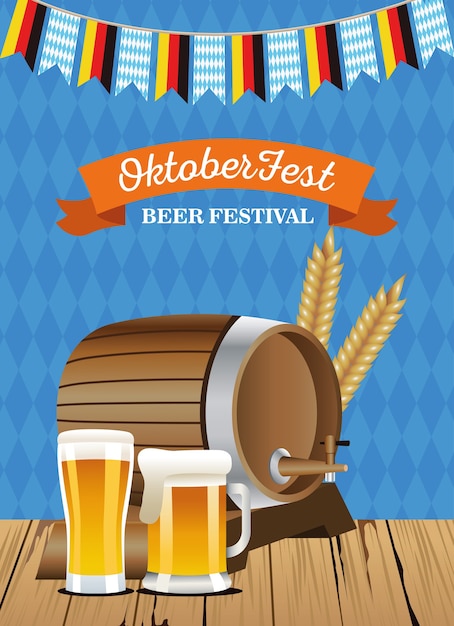 Gelukkig oktoberfest vieringsvat met bierkruiken en slingers vectorillustratieontwerp