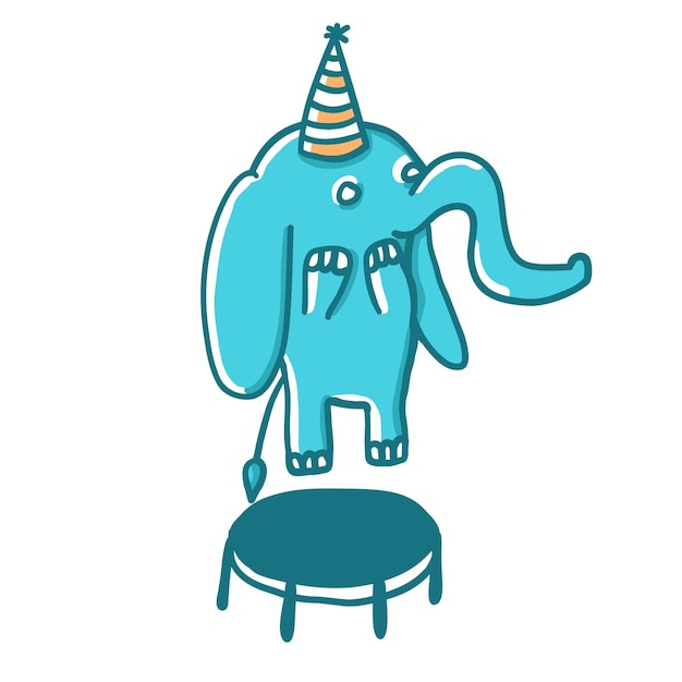 Gelukkig olifant stuiteren op de trampoline in cartoon vlakke stijl