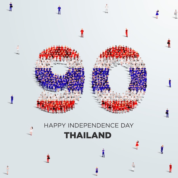 Gelukkig Onafhankelijkheidsdag Thailand Design. Een grote groep mensen vormt zich om het getal 90 te creëren.