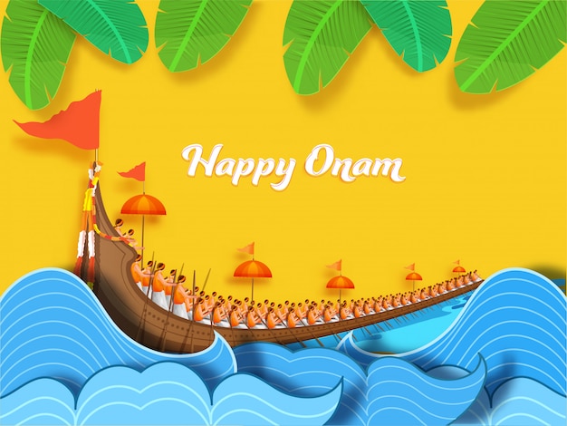 Gelukkig Onam-concept met Aranmula Boat Race, papier gesneden watergolven en bananenbladeren versierd op gele achtergrond.