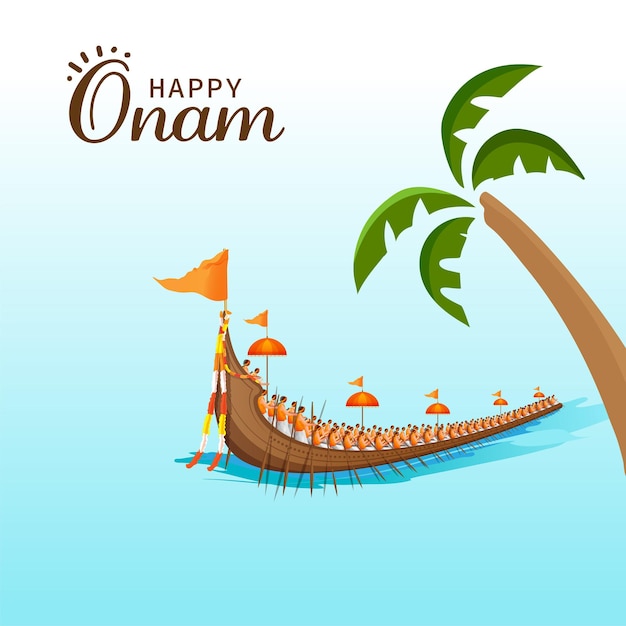 Gelukkig Onam Concept Met Vallam Kali (Snake Boat) En Kokospalm Op Blauwe En Witte Achtergrond.