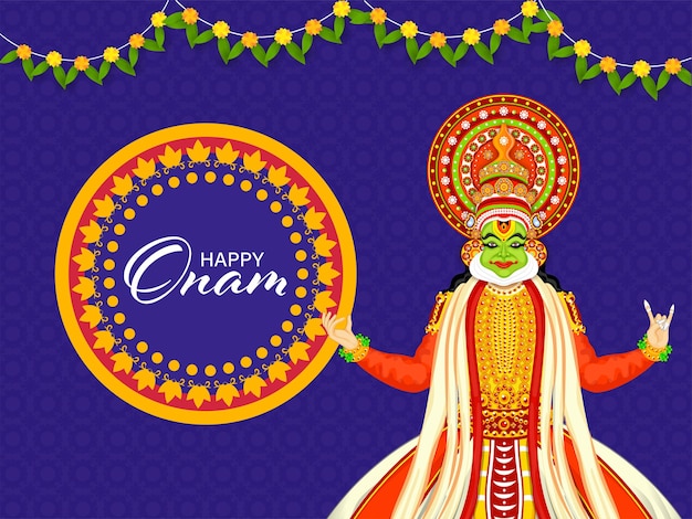 Gelukkig Onam Festival Concept met Kathakali danser karakter en traditie Toran op blauwe bloemmotief achtergrond.