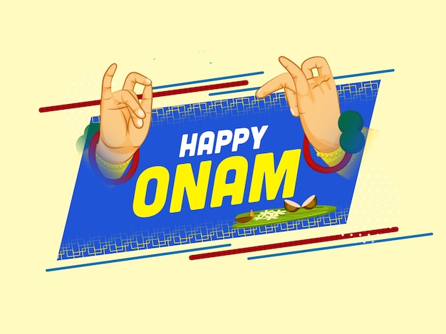 Gelukkig onam festival posterontwerp met kathakali danser handen stap op blauwe en gele achtergrond.