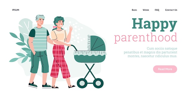 Gelukkig ouderschap website met paar wandelen met baby platte vectorillustratie