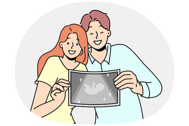 Gelukkig paar dat foto van embryo toont Glimlachende man en vrouw demonstreren echografie van baby opgewonden over zwangerschap en ouderschap Vectorillustratie