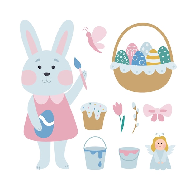 Gelukkig Pasen. Een verzameling van vector Pasen-illustraties met een grijze kleurende eieren van het konijntjesmeisje. Leuke vakantie