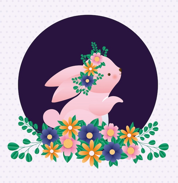 Gelukkig Pasen-konijn met bloemen over gerichte vector als achtergrond