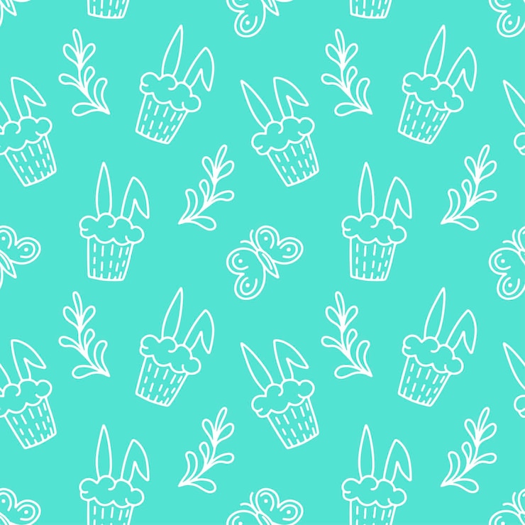 Gelukkig Pasen naadloze patroon met paashaas, bladeren, cupcake geïsoleerd op een witte achtergrond. Vectorkrabbelillustratie. Ontwerp voor textiel, verpakking, behang, achtergrond