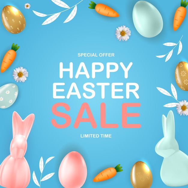 Gelukkig Pasen verkoopsjabloon met 3D-realistische paaseieren bunny wortel sjabloon