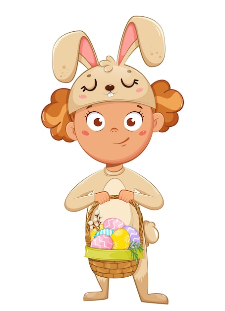 Gelukkig Pasen. Vrolijk meisje stripfiguur in een kostuum van konijn met mand met gekleurde eieren. Paashaas kostuum. Voorraad vectorillustratie op witte achtergrond