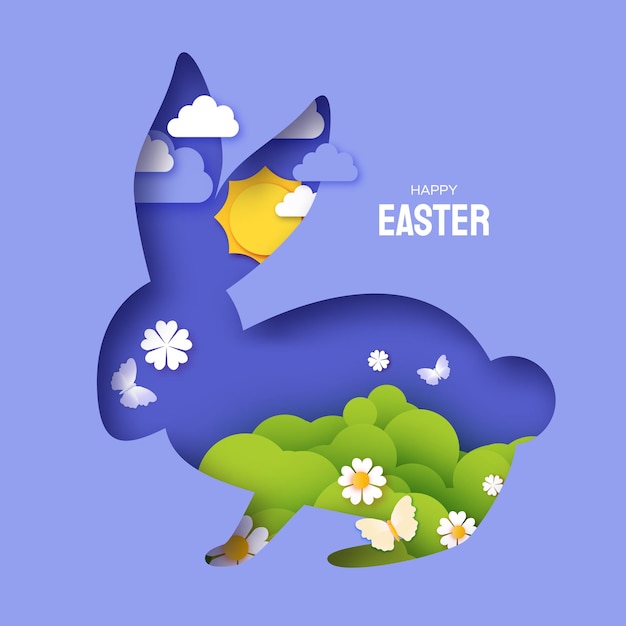 Gelukkig Pasen wenskaart met schattig konijn in papier gesneden stijl Bunny gelaagde frame bloemen en vlinder Lentevakantie in moderne stijl Easter Egg Hunt Lente scène Vector