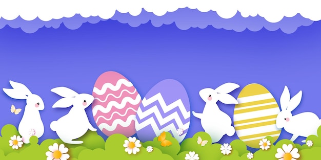 Gelukkig Pasen wenskaart met schattige witte konijnen in papier gesneden stijl Bunny bloemen en vlinder Lentevakantie in moderne stijl Easter Egg Hunt met kleurrijke eieren Lente scène Vector