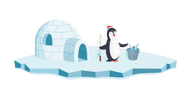 Vector gelukkig pinguïn vissen. kerst pinguïn op ijs en emmer met vis illustratie. cartoon dier geïsoleerd op een witte achtergrond. pinguïnvissen in ijsgat, winterhobby