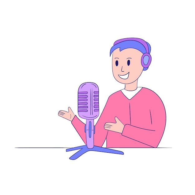 Gelukkig podcaster man karakter praten met het publiek Professionele podcaster