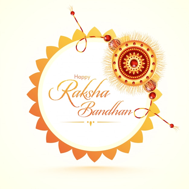 Gelukkig Raksha Bandhan-lettertype met mooie Rakhi (armband) op witte achtergrond.