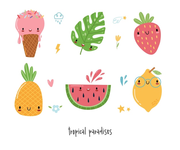 Gelukkig schattig kawaii zomer fruit set Cartoon tekens zon watermeloen citroen aas crème regenboog ananas krab octopus zeester aardbei schelp tropisch blad